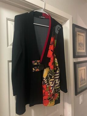SKU0025 Black Cardigan with Vibrant Floral Panel by Montalto